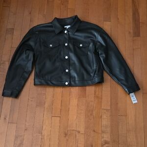 Bar III Black Faux Leather Jacket with Button Details